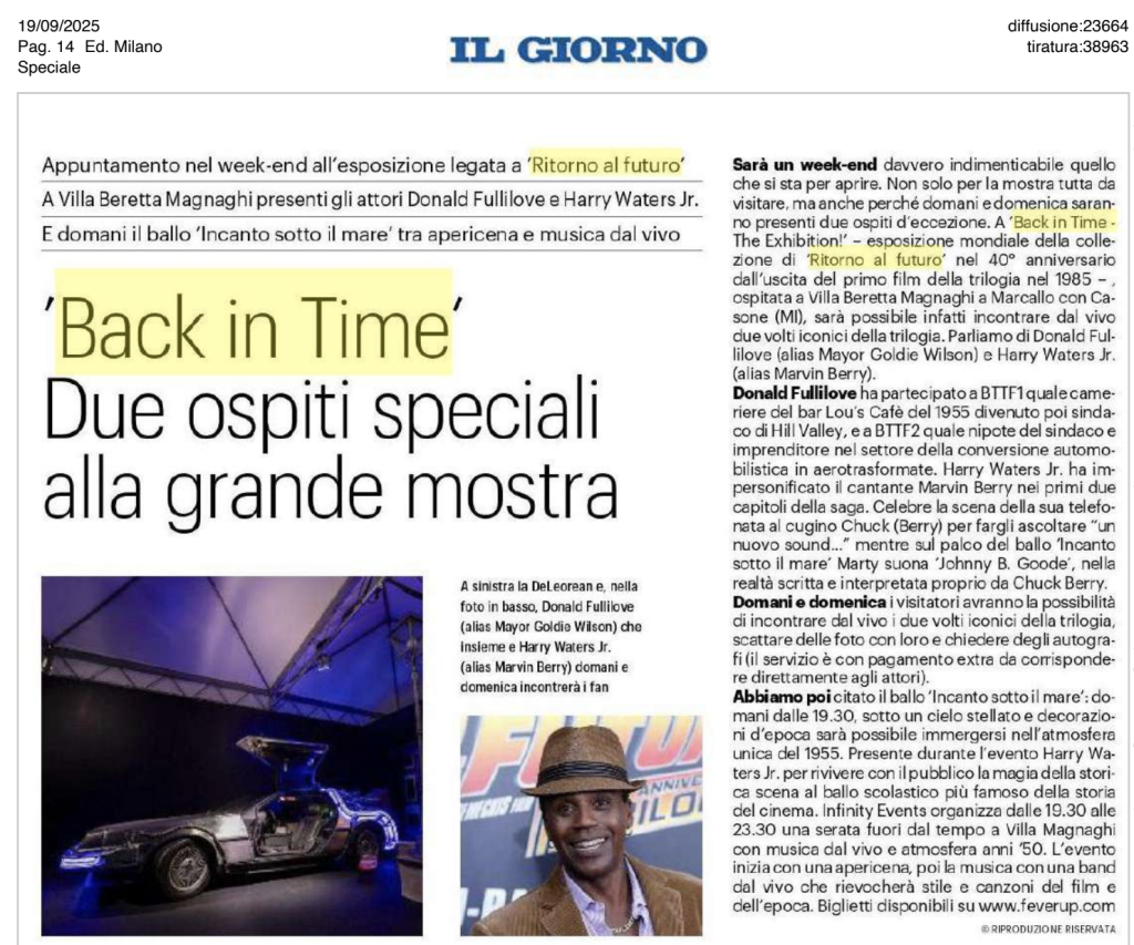 Articolo de Il Giorno del 19 settembre 2025: Back in Time, due ospiti speciali alla grande mostra